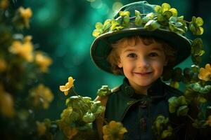 retrato do uma sorridente Garoto dentro uma duende fantasia. st. patrick's dia. ai gerado foto