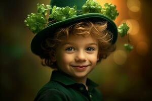 retrato do uma sorridente Garoto dentro uma duende fantasia. st. patrick's dia. ai gerado foto