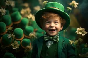 retrato do uma sorridente Garoto dentro uma duende fantasia. st. patrick's dia. ai gerado foto