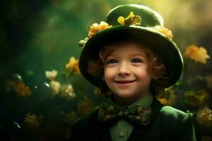 retrato do uma sorridente Garoto dentro uma duende fantasia. st. patrick's dia. ai gerado foto