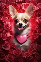 retrato dia dos namorados do uma fofa chihuahua cachorro com rosas ai gerado foto