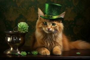 fofa gato vestindo uma verde topo chapéu para st. patrick's dia. ai gerado foto