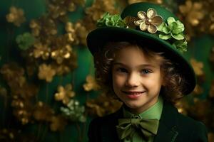 retrato do uma sorridente Garoto dentro uma duende fantasia. st. patrick's dia. ai gerado foto