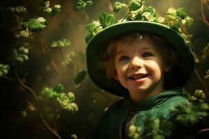 retrato do uma sorridente Garoto dentro uma duende fantasia. st. patrick's dia. ai gerado foto