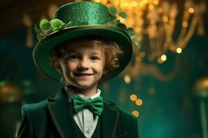 retrato do uma sorridente Garoto dentro uma duende fantasia. st. patrick's dia. ai gerado foto