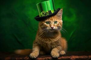 fofa gato vestindo uma verde topo chapéu para st. patrick's dia. ai gerado foto