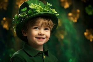 retrato do uma sorridente Garoto dentro uma duende fantasia. st. patrick's dia. ai gerado foto