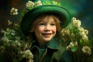 retrato do uma sorridente Garoto dentro uma duende fantasia. st. patrick's dia. ai gerado foto