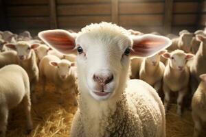 retrato do uma fofa Cordeiro em uma fundo do ovelha dentro a celeiro ai gerado foto
