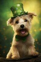 fofa cachorro dentro verde topo chapéu. st. patrick's dia. ai gerado foto