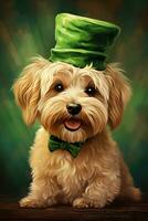 fofa cachorro dentro verde topo chapéu. st. patrick's dia. ai gerado foto