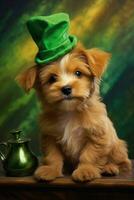 fofa cachorro dentro verde topo chapéu. st. patrick's dia. ai gerado foto