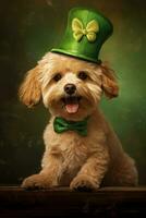 fofa cachorro dentro verde topo chapéu. st. patrick's dia. ai gerado foto