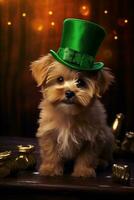 fofa cachorro dentro verde topo chapéu. st. patrick's dia. ai gerado foto