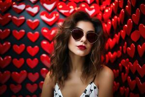 dia dos namorados dia. retrato do lindo jovem mulher dentro oculos de sol em vermelho fundo com corações ai gerado foto