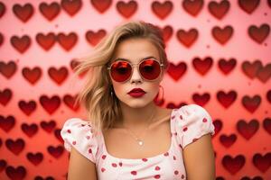 dia dos namorados dia. retrato do lindo jovem mulher dentro oculos de sol em vermelho fundo com corações ai gerado foto