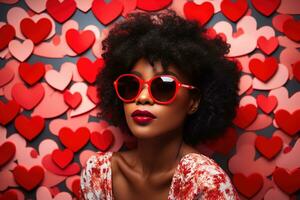 elegante africano americano mulher com óculos em namorados fundo ai gerado foto