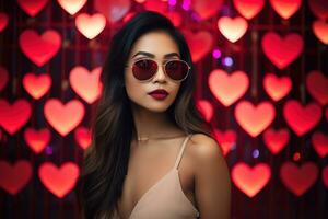 dia dos namorados dia. retrato do lindo jovem ásia mulher dentro oculos de sol em vermelho fundo com corações ai gerado foto