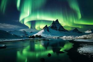 aurora boreal dentro Islândia com neve coberto montanhas e reflexão ai gerado foto