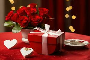 romântico jantar configuração com vermelho rosas e presente caixa em mesa.dia dos namorados dia conceito ai gerado foto