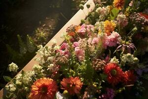 colorida flores em a sepultura dentro a cemitério, velório conceito. ai gerado foto