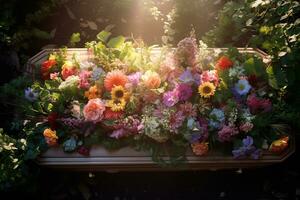 colorida flores em a sepultura dentro a cemitério, velório conceito. ai gerado foto