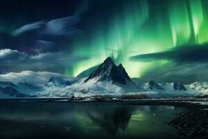 aurora boreal dentro Islândia com neve coberto montanhas e reflexão ai gerado foto