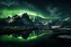 aurora boreal dentro Islândia com neve coberto montanhas e reflexão ai gerado foto