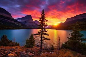 majestoso pôr do sol dentro geleira nacional parque, montana, EUA. ai gerado foto