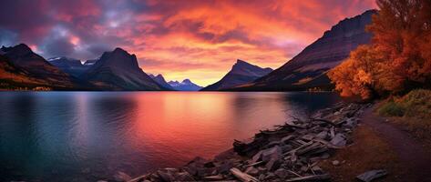 majestoso pôr do sol dentro geleira nacional parque, montana, EUA. ai gerado foto