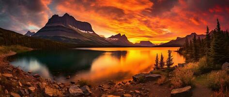 majestoso pôr do sol dentro geleira nacional parque, montana, EUA. ai gerado foto