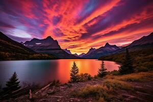 pôr do sol sobre geleira nacional parque, montana, Unidos estados do América ai gerado foto