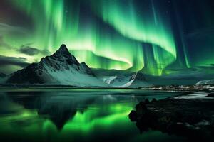 aurora boreal dentro Islândia com neve coberto montanhas e reflexão ai gerado foto