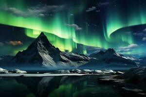 aurora boreal dentro Islândia com neve coberto montanhas e reflexão ai gerado foto
