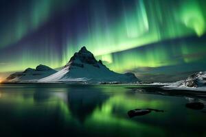 aurora boreal dentro Islândia com neve coberto montanhas e reflexão ai gerado foto