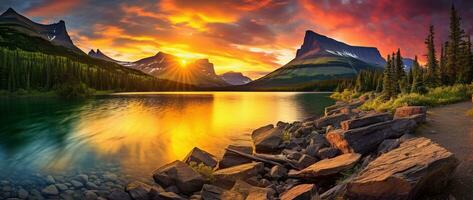 majestoso pôr do sol dentro geleira nacional parque, montana, EUA. ai gerado foto