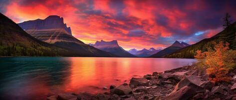 pôr do sol sobre geleira nacional parque, montana, Unidos estados do América ai gerado foto