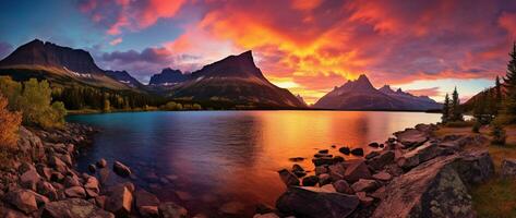 pôr do sol sobre geleira nacional parque, montana, Unidos estados do América ai gerado foto