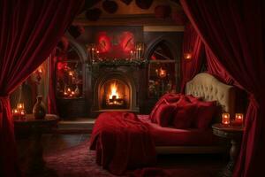 romântico quarto interior com Rosa cortinas e vermelho corações dia dos namorados dia conceito. ai gerado foto