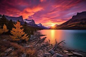 pôr do sol sobre geleira nacional parque, montana, Unidos estados do América ai gerado foto