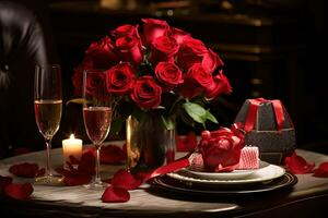 romântico mesa configuração com vermelho rosas, velas e óculos do vinho.valentine conceito ai gerado foto