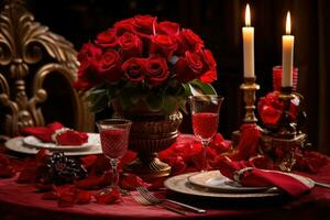 romântico mesa configuração com vermelho rosas, velas e óculos do vinho.valentine conceito ai gerado foto