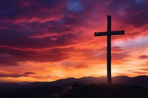 conceito ou conceptual madeira Cruz ou religião símbolo forma sobre uma pôr do sol céu fundo bandeira ai gerado foto