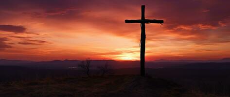 conceito ou conceptual madeira Cruz ou religião símbolo forma sobre uma pôr do sol céu fundo bandeira ai gerado foto