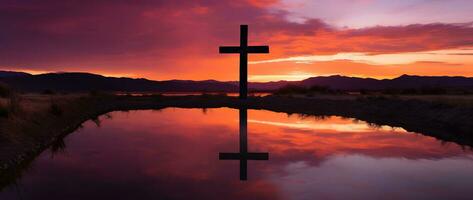 conceito ou conceptual madeira Cruz ou religião símbolo forma sobre uma pôr do sol céu fundo bandeira ai gerado foto