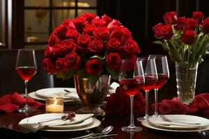 romântico mesa configuração com vermelho rosas, velas e óculos do vinho.valentine conceito ai gerado foto