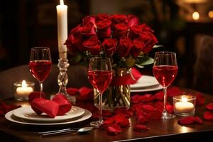 romântico mesa configuração com vermelho rosas, velas e óculos do vinho.valentine conceito ai gerado foto