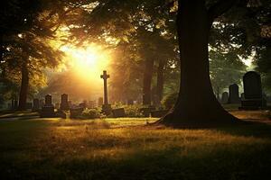 lápides dentro uma cemitério às nascer do sol ai gerado foto