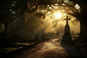 lápides dentro uma cemitério às nascer do sol ai gerado foto
