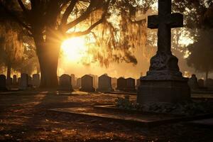 lápides dentro uma cemitério às nascer do sol ai gerado foto